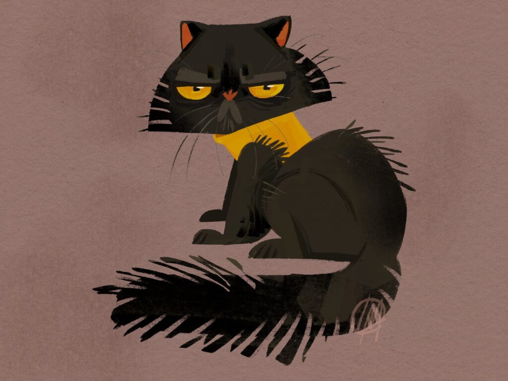 Black and gray grumpy kitty with a yellow sweater.